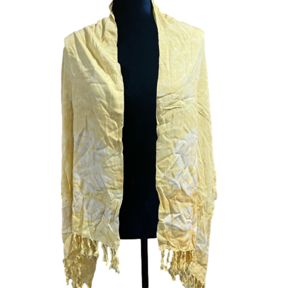 Young Fashion Yellow White Print Fringed Scarf Shawl